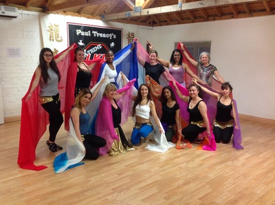 happy females at the end of bellydance veil workshop in London